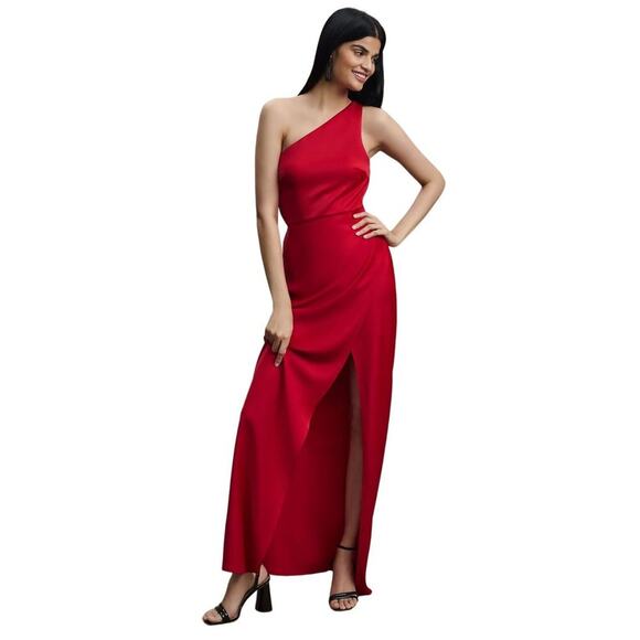 NWT Anthropologie BHLDN Dylan One-Shoulder Satin Side-Slit Gown in Red, Size 12 - Picture 12 of 13
